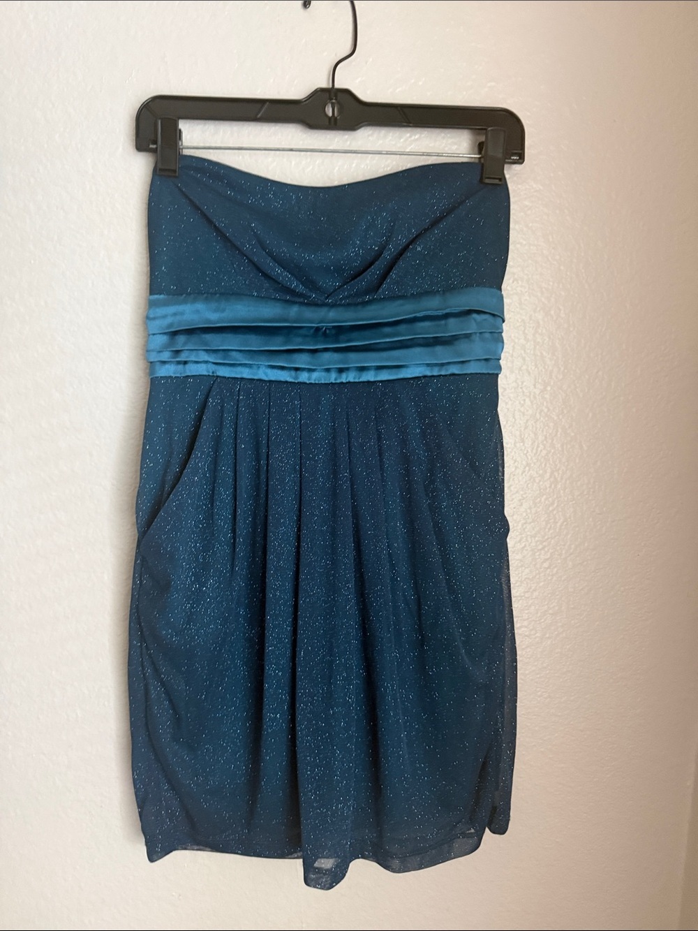 Y2k vintage Sparkle Strapless mini Teal Blue Cocktail Dress pockets L